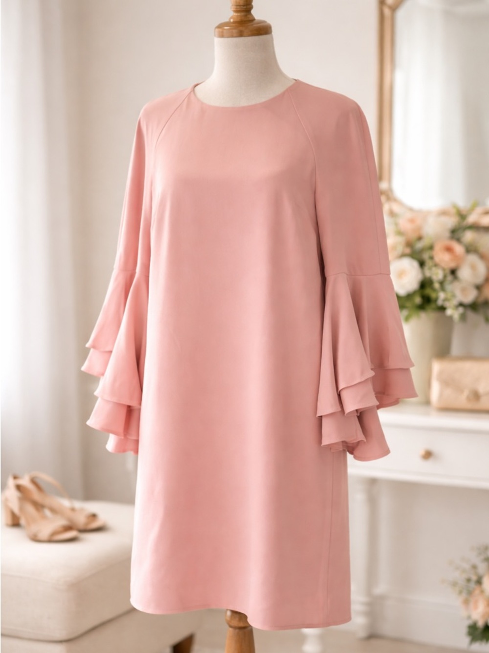 Alexis Blush Pink Ruffle Bell Sleeve Shift Dress S Wedding Guest‎ Modest Flowy